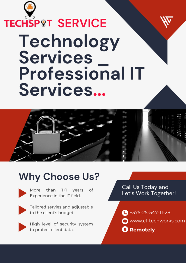 dark blue and red corporate technology services flyer